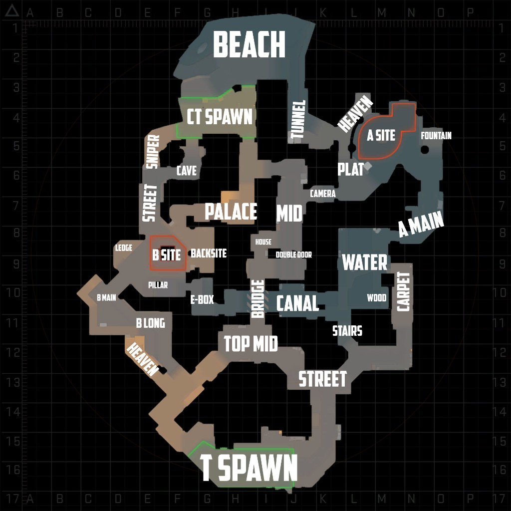 Radar CS2 Anubis avec callouts : A-main, canal, walkway, B-dark et site B