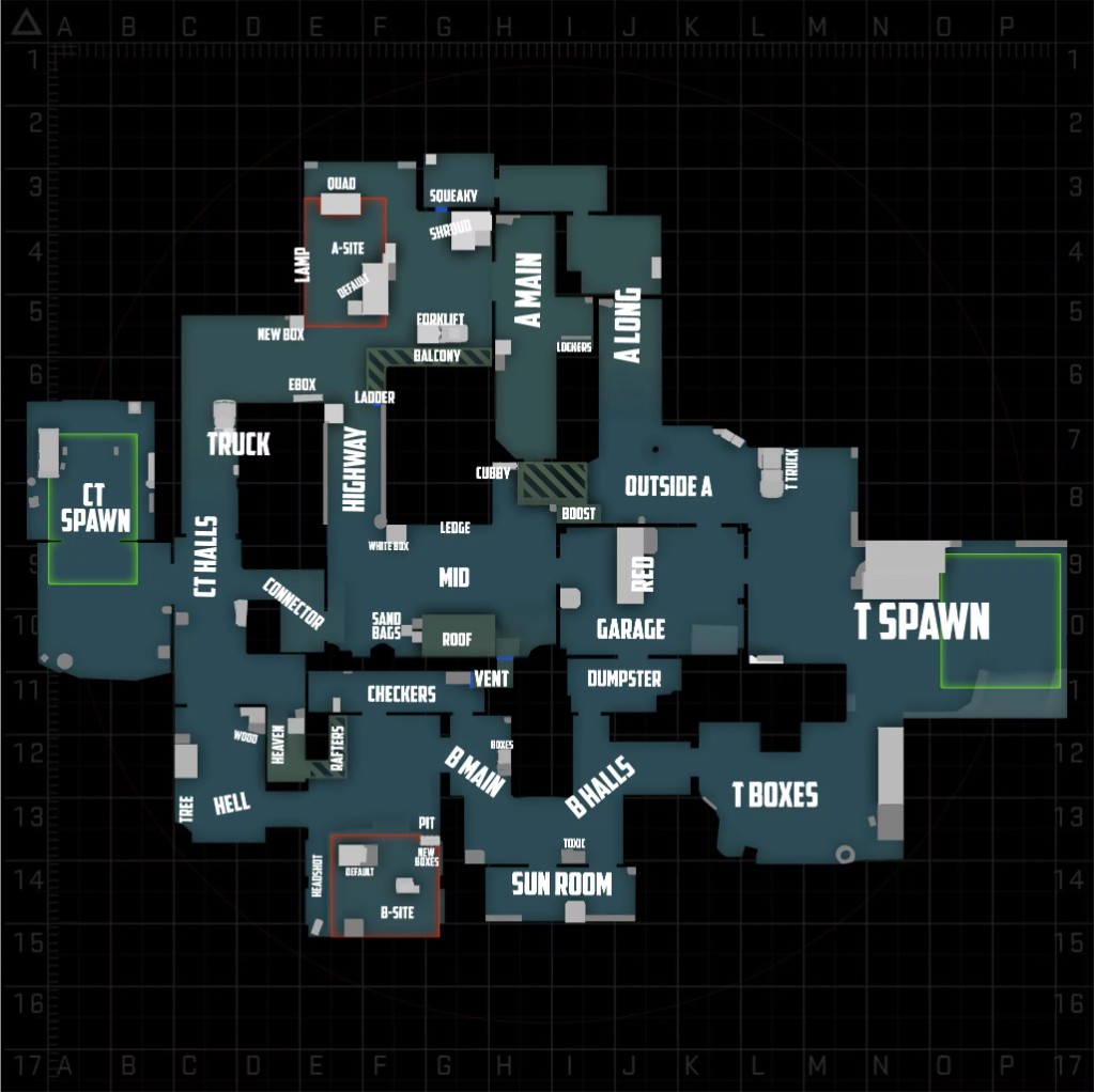 Radar CS2 Cache avec callouts : highway, squeaky, checker, halls, site A et site B