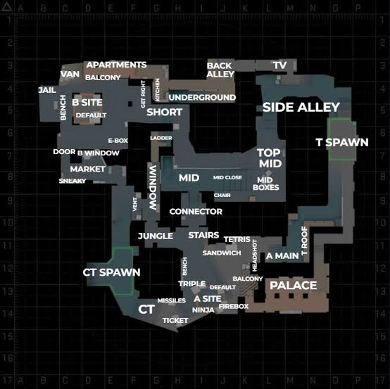Radar CS2 Mirage avec callouts : palace, window, cat, apps, site A et site B