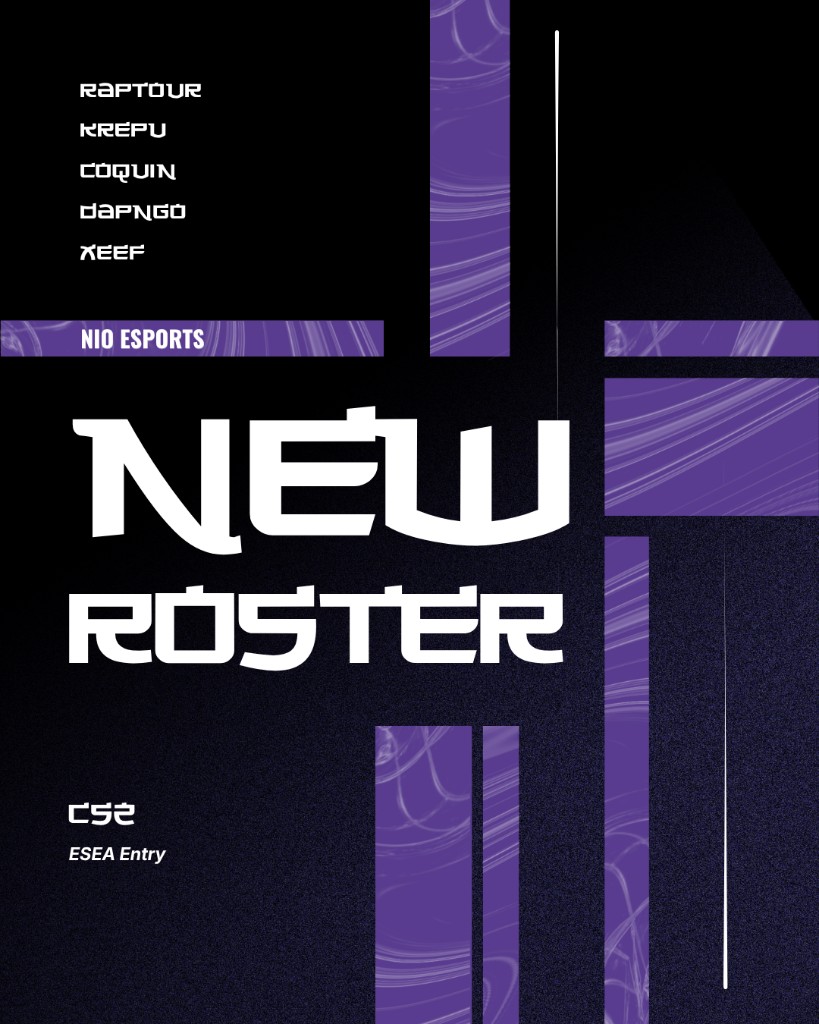 Affiche NIO Esports new roster CS2 : Raptour, Krepu, C0quin, DapNGo, Xeef, saison 59 ESEA Entry